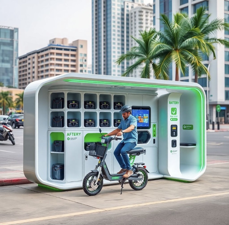 battery swapping station An AI generated image illustrating the best white and green battery swapping stations in Lagos