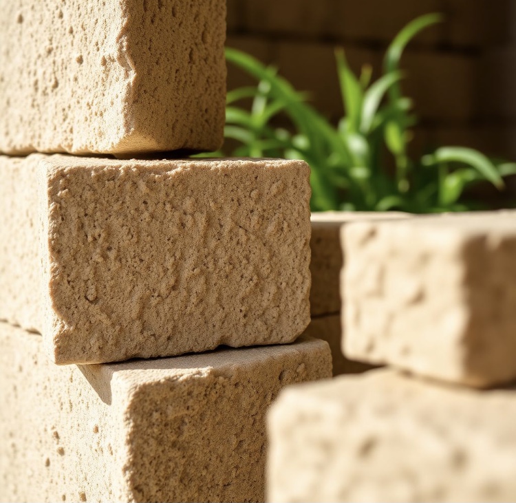Sustainable building material An AI generated image showing a close up of hempcretes stacked in front of a plant as one of the 5 sustainable building materials