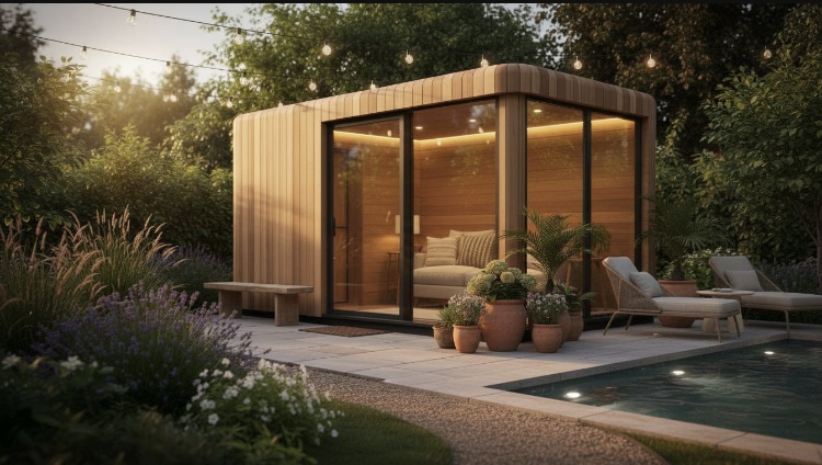 A wooden and glass framed outdoor pod placed at the side of a pool to portray one of the 5 perfect spots to set up an outdoor pod